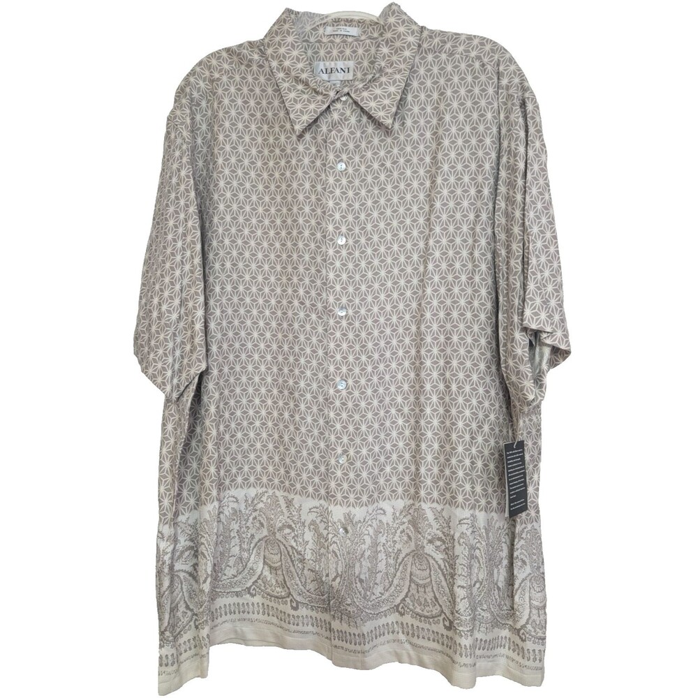 NWT VTG Alfani 100% Silk Men's Shirt XL Tan/Beige Geometric Paisley Resort 90s